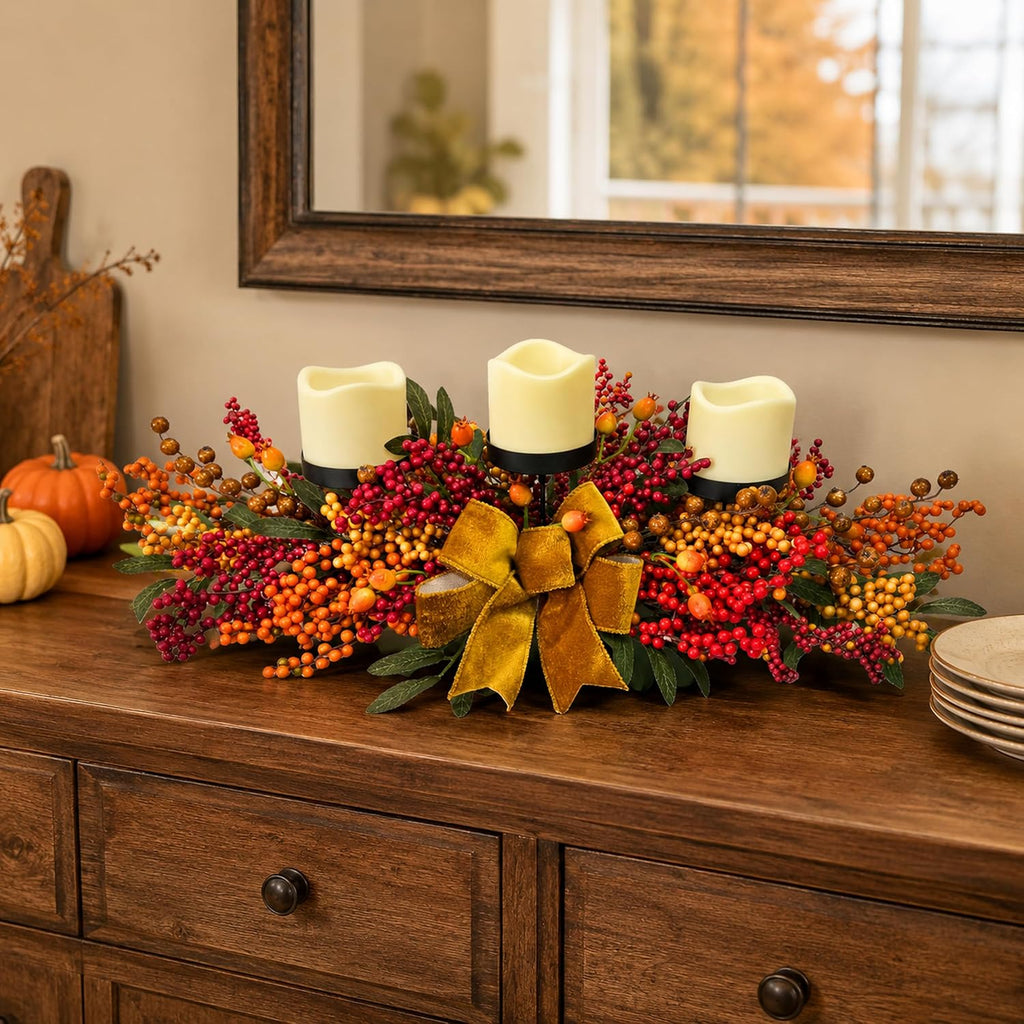 25 Inch Fall Candle Holder Centerpiece with Berry Branches and Bow
