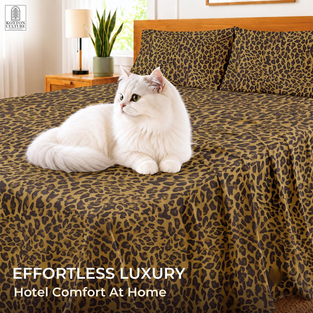 Bed Sheets 4 Piece 600 Thread Count 100% Egyptian Cotton Cheetah Animal Print-Soft Cooling Cotton Luxury Hotel Sheets