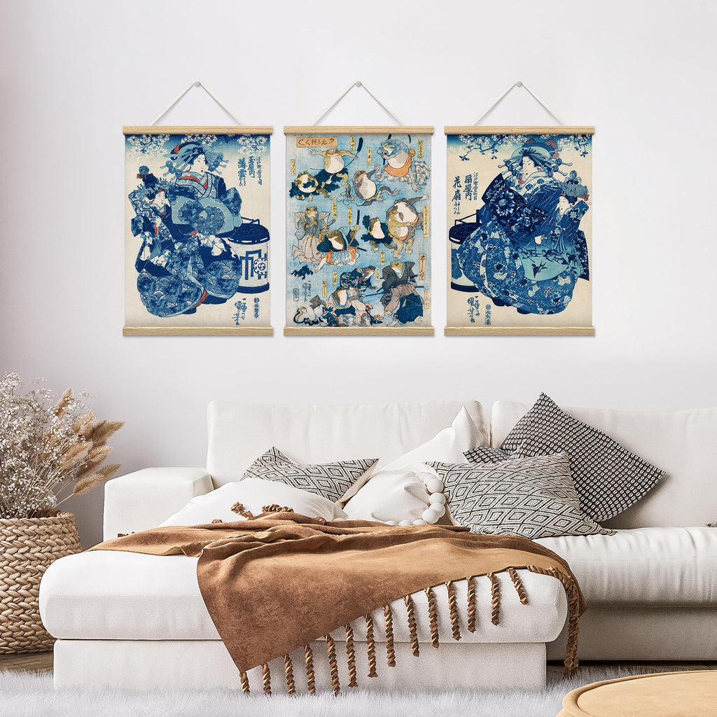3 Panel Wooden Framed Hanging Poster Classic Japanese Ukiyo-e Traditional Edo Period Wall Picture Poster Artwork