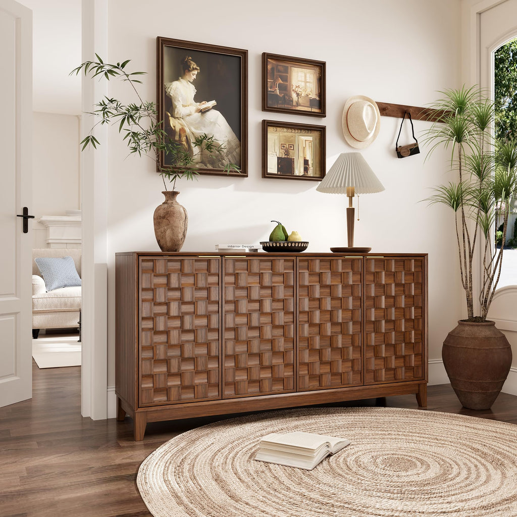 Fluted Sideboard Buffet Cabinet with Storage, 59" Wood Buffet Table with 4 3D-Checkerboard Doors & Adjustable