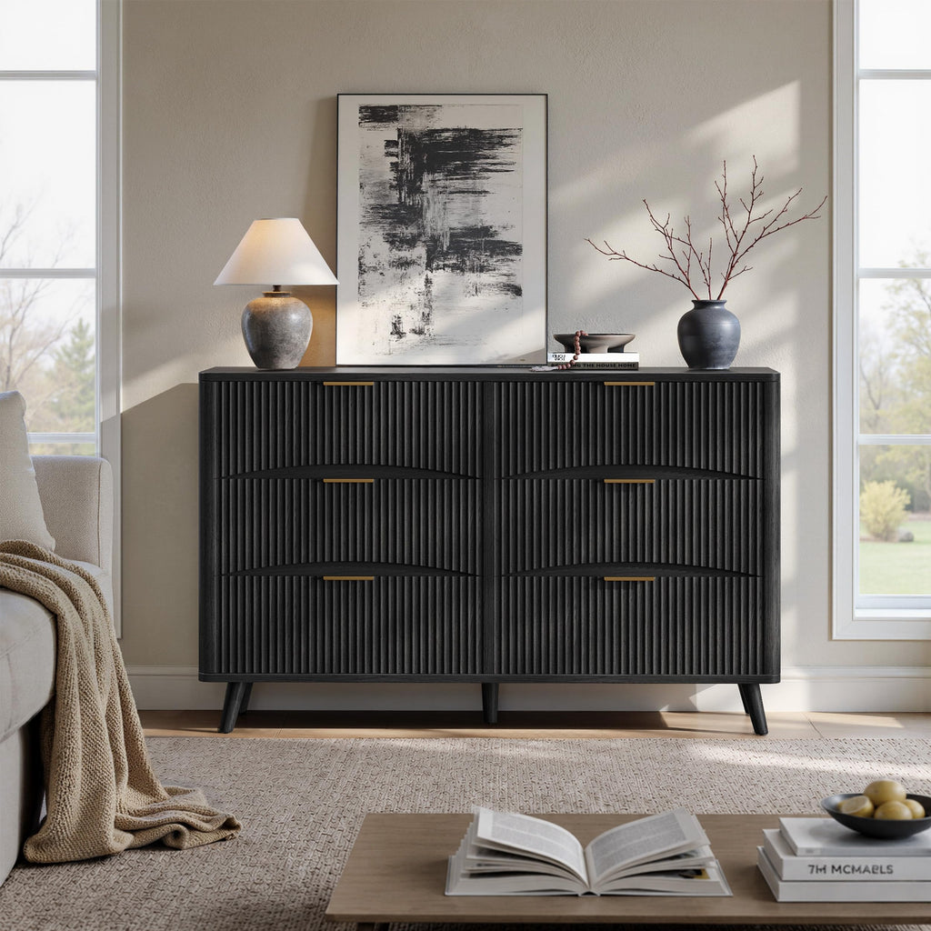 54 Inch Black 6 Drawer Dresser, Curved Fluted Chest of Drawers