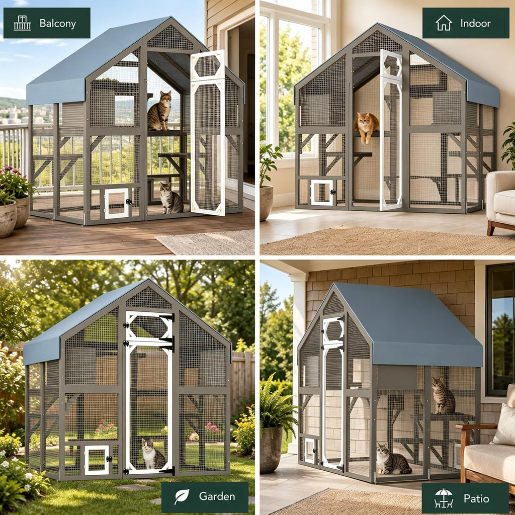 Large Outdoor Cat Enclosure 71" H Wooden Catio for Indoor & Outdoor Cats Walk-in Cat Patio with Multi-Level