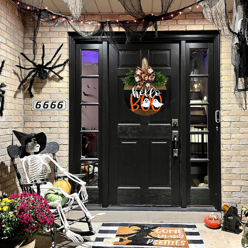 Halloween Ghost Wreath, Wooden Halloween Ghost Door Sign Wreath Decorations for Front Door Hanger