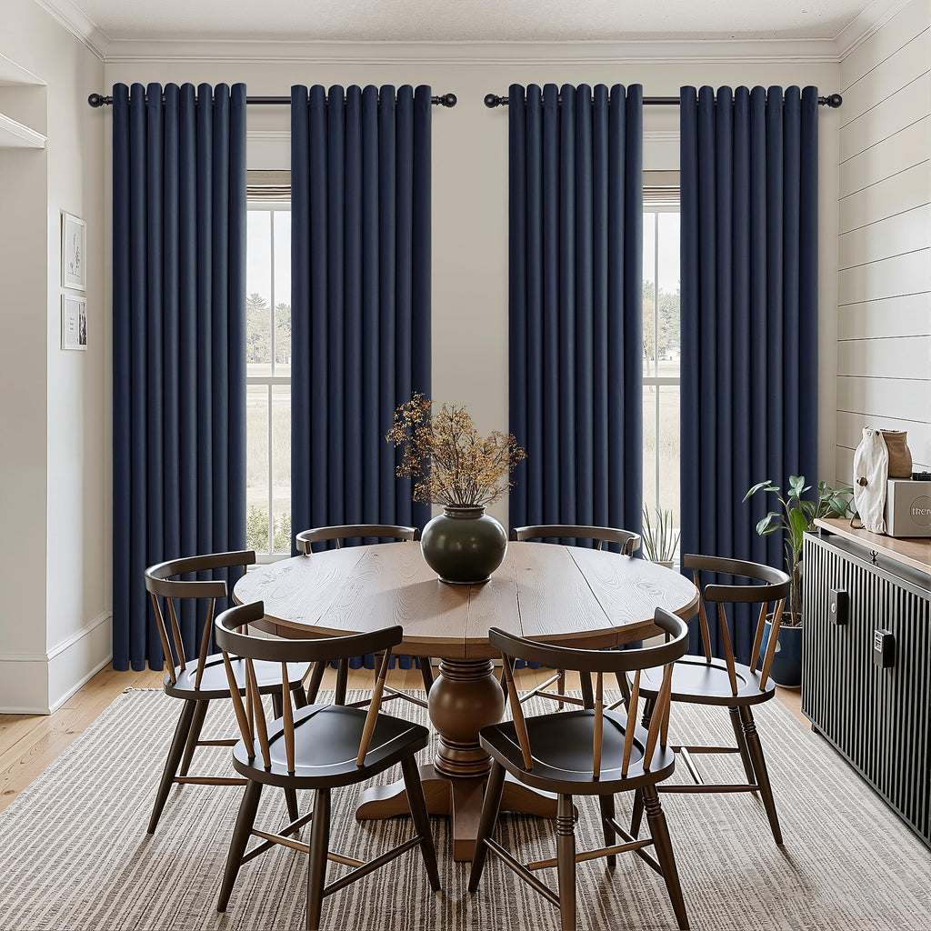 Navy Blue Linen Grommet Blackout Curtains 90 Inch Long