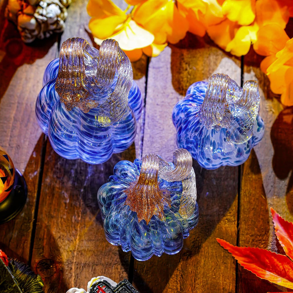 Blown Glass Blue Pumpkins Fall Harvest Halloween Table Decor - Set of 3