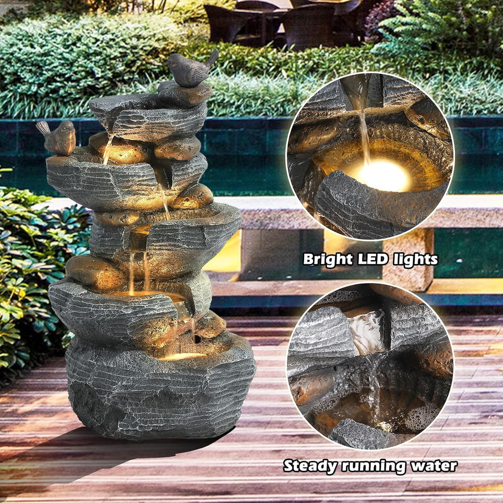 Outdoor 5-Tiers Cascading Rock Water Fountain, Waterfall Fountain with 4 LED Lights