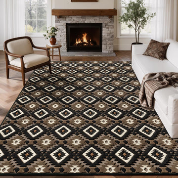 Brown Aztec 8x10 Area Rugs High-Low Plush Pile Western Washable Rug