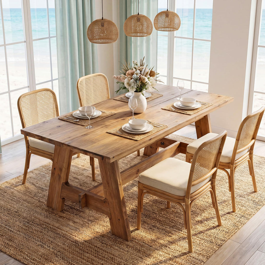 63-Inch Farmhouse Dining Table for 4-6, Natural Solid Wood Rectangle Kitchen Table, Rustic Wooden Dinner Furniture