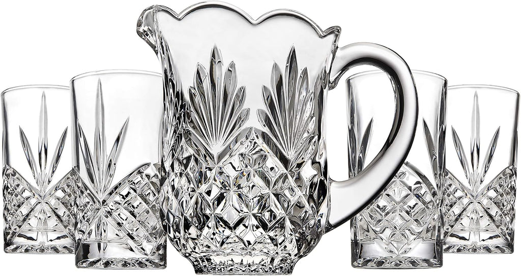 Pitcher and Glasses Drink Bar Set - Includes Pitcher Carafe and 4 Old Fashioned Glasses, Dublin Collection