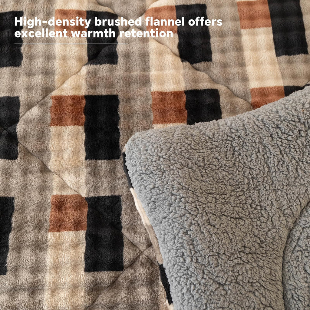 Flannel Sherpa Comforter Set, Soft Warm Reversible Plush Bedding Comforter with 2 Pillow Shams, Cozy Fluffy