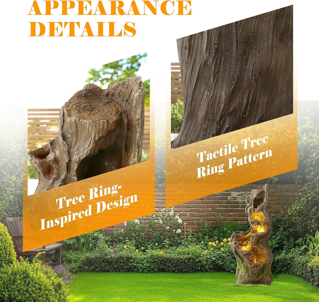 Outdoor Water Fountain, 40" H Tree Trunk Fountain with 5 Waterfalls, 6 Tiers Cascading Garden Water Feature with LED