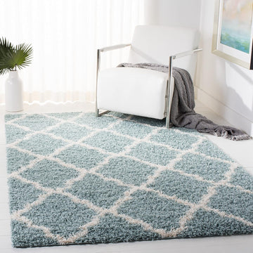 Dallas Shag Collection Area Rug - 6' Square, Seafoam & Ivory, Trellis Design, Non-Shedding & Easy Care, 1.5-inch
