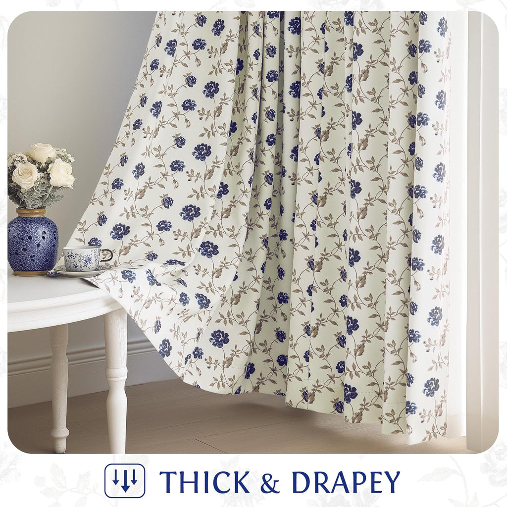 Floral 100% Blackout Curtains 84 Inches Long 2 Panels for Bedroom Living Room Blue Brown on Beige Vintage Rose Flower