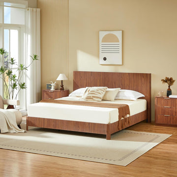 Wood Bed Frame with Headboard, Modern Retro Walnut Platform Beds Frames, Mid Century Rustic Wooden Bedroom