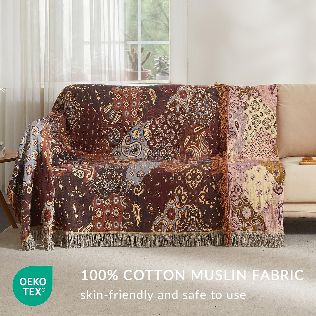 Boho Throw Blanket, 100% Cotton, Woven Paisley Pattern, 50"x60"