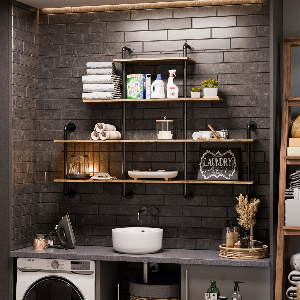 Industrial Pipe Shelving, 4 Tier Rustic Wooden Floating Shelves, Wall Display Bookshelf, Storage Rack Sundries Holder