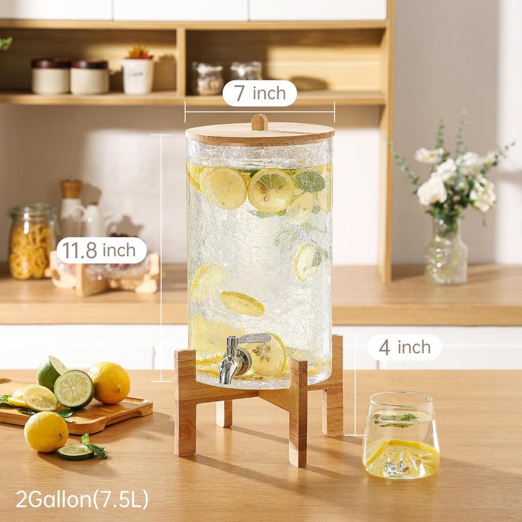 2 Gallon Glass Drink Dispenser with Stand, Beverage Dispenser with Wood Lid and Stainless Steel Spigot, Glass Water