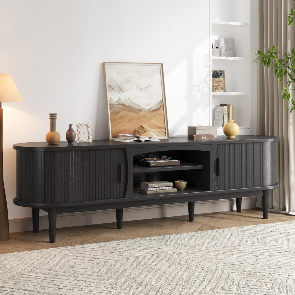 69" Fluted TV Stand for TVs Up to 80" with Charging Station, Black