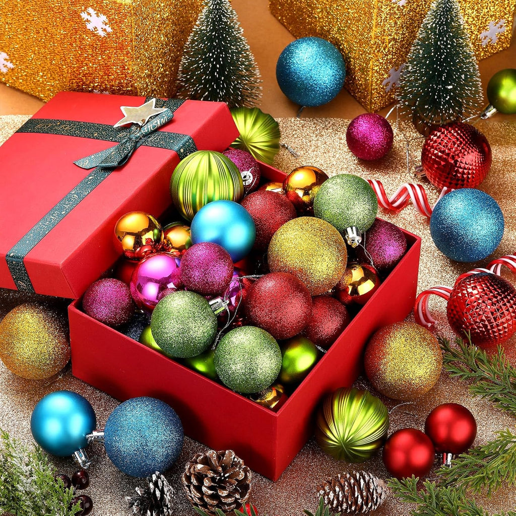 Neon Christmas Ball Ornaments Shiny Bright Multicolor Baubles - Set of 64