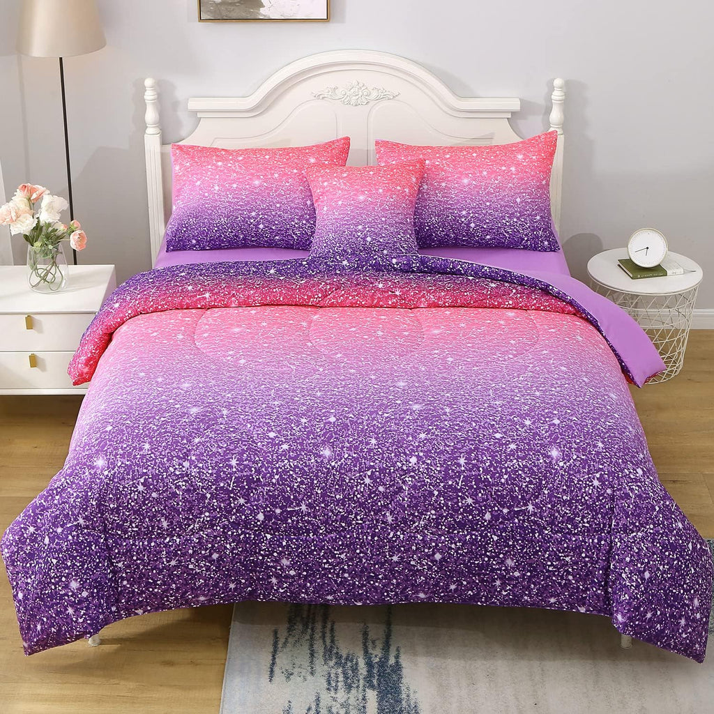 Twin Pink Comforter Set, 6 Piece Bed in A Bag 3D Colorful Bedding Set for Girls Kids (1 Comforter,2 Pillowcases,1