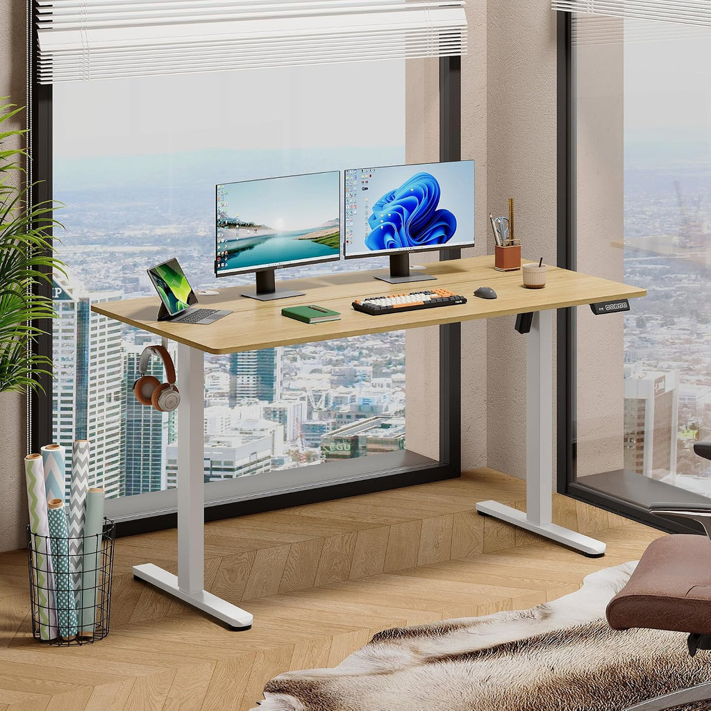 55 Inch Standing Desk with Split Top, Computer Desk, Maple | LED Touchscreen, Headphone Hook, 3 Memory Preset