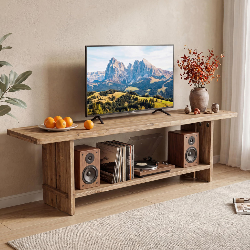 71" Solid Wood TV Stand for 55/65/75/85-Inch TV, 2-Tier TV Table