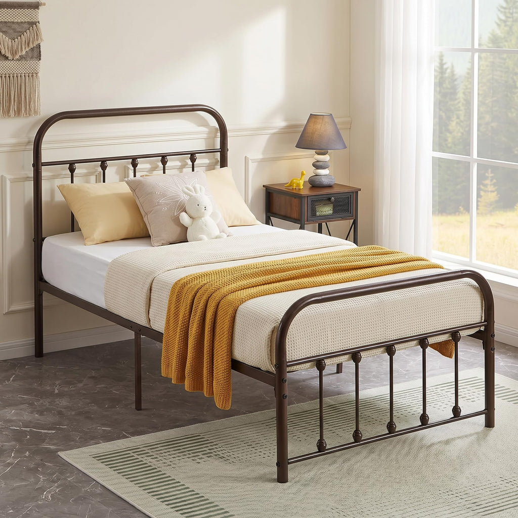 Twin Size Victorian Style Metal Bed Frame with Headboard Classic Metal Platform Bed Frame Mattress Foundation with