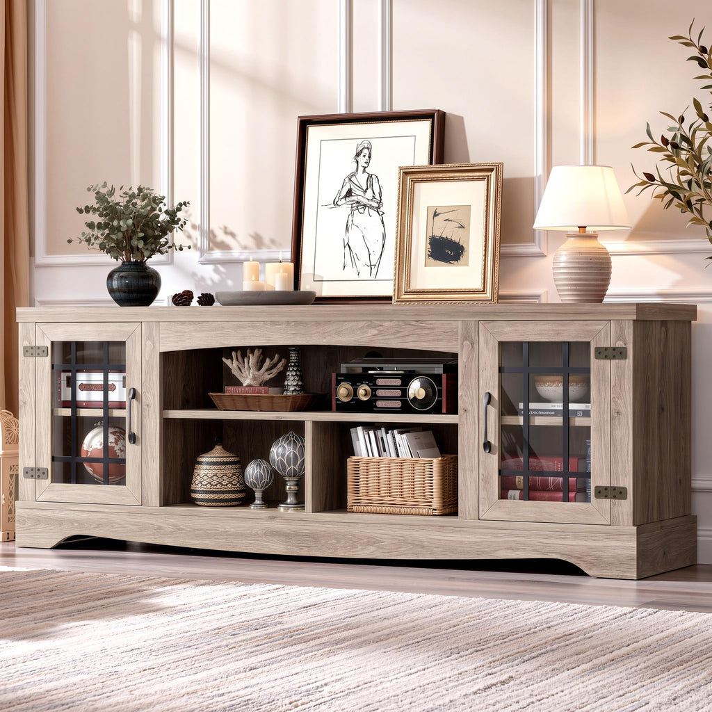 Farmhouse TV Stand for 75 Inch TV, Light Rustic Oak