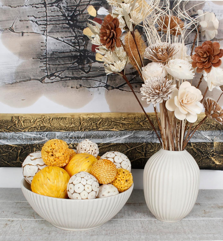 Dried Exotics Balls, Orbs, Spheres, Bowl Filler, Vase Filler Assorted Ochre Yellow/Natural - Set of 18