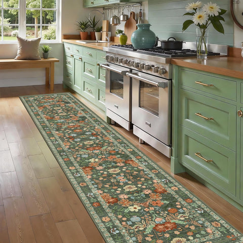 2x10 Extra Long Hallway Runner - Green Boho Washable Rug with Non-Slip Backing, Vintage Floral Low P