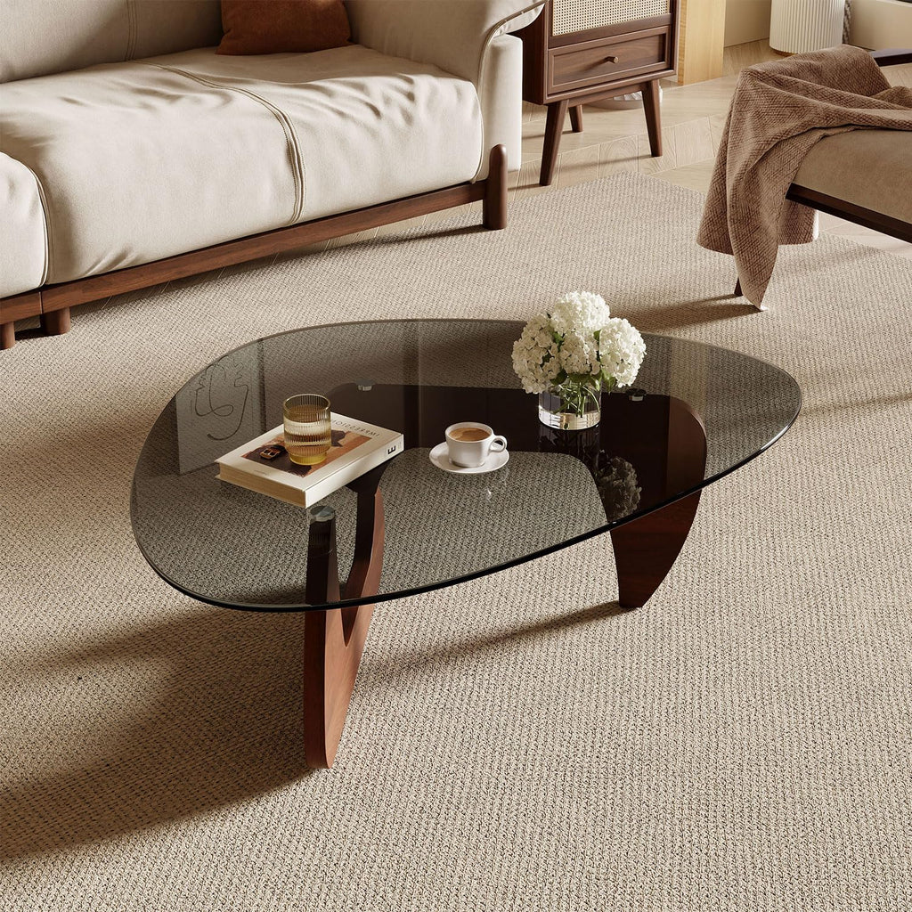 Modern Coffee Table and Small Spaces, 35.6" x 25.4" x 15.8" Triangle Tempered Glass Table Top and Solid Wood Base