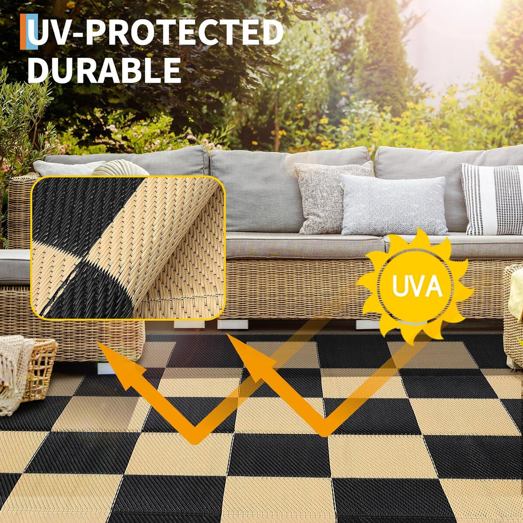 9x12 Checkerboard Outdoor Rug, Reversible Woven Plastic Straw Patio Mat, Checkered RV Camping Carpet with Corner