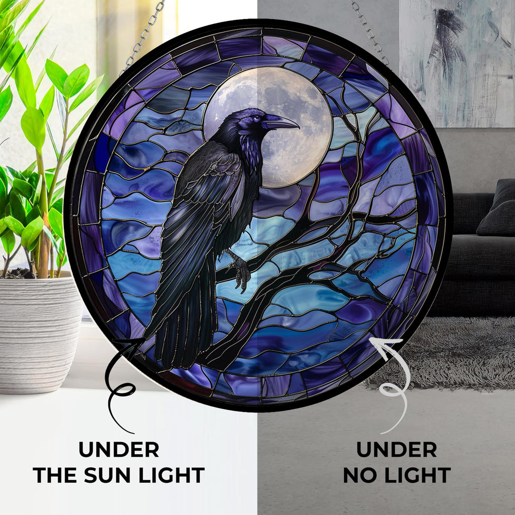 Moon Crow Stained Glass Window Hanging 12' Round Blue Flower Glass Panel Farmhouse Style Suncatcher Perfect