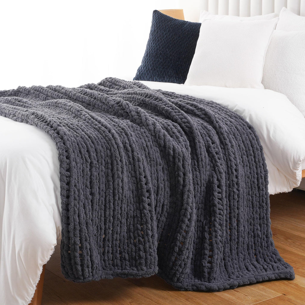 Chunky Knit Throw Blanket, Dark Grey Chenille Throw Blanket 50x60in