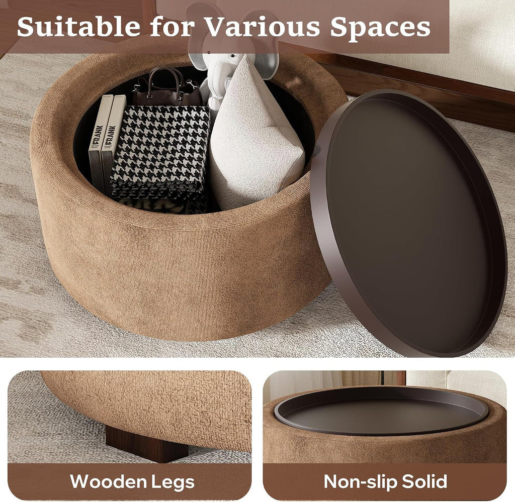 30" Round Ottoman with Storage Circular Coffee Table with Removable Wood Top and Solid Wood Legs Modern Upholstered