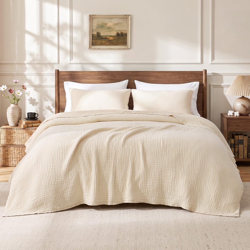 100% Cotton Muslin Blanket King Size for Bed, Beige