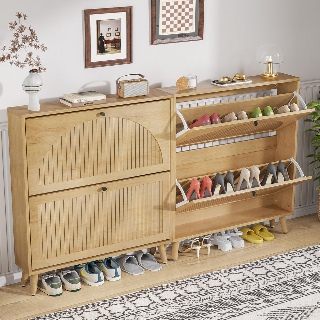 Shoe Storage Cabinet with 2 Fluted Flip Drawers, Oak