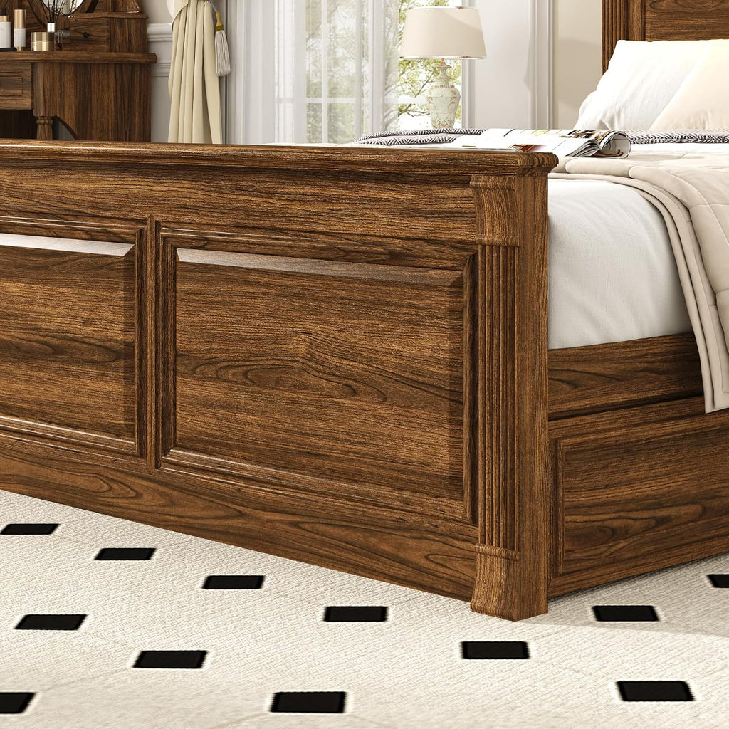 Farmhouse Queen Bed Frame with 55" Tall Storage Headboard & 4 Drawers, Wood Roman Column Platform Bed Frame with 24"