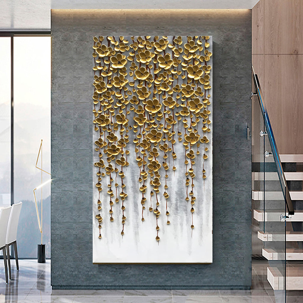 3D Vertical Abstract Canvas Oil Painting Wall Art, 116x57cm Golden Flower Painting Wall Art, Home Living Room Wall