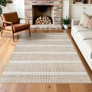 Ultra Thin Washable Area Rugs, Modern Non-Slip Rugs Dining Room, Striped Farmhouse Large Carpet Playroom, Khaki