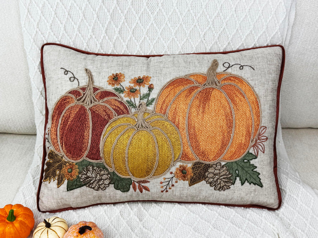 Fall Thanksgiving Embroidery Pumpkin Throw Pillow Cover 14x20 Inch, Farmhouse Harvest Decorative Cushion Case 14x20