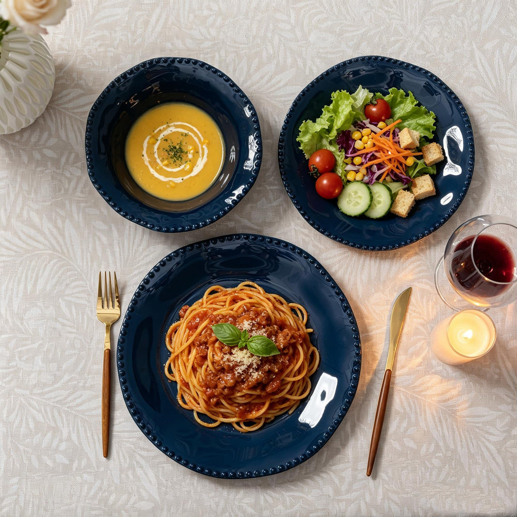 12 Piece Melamine Beaded Dinnerware Set, Service for 4, Dark Blue