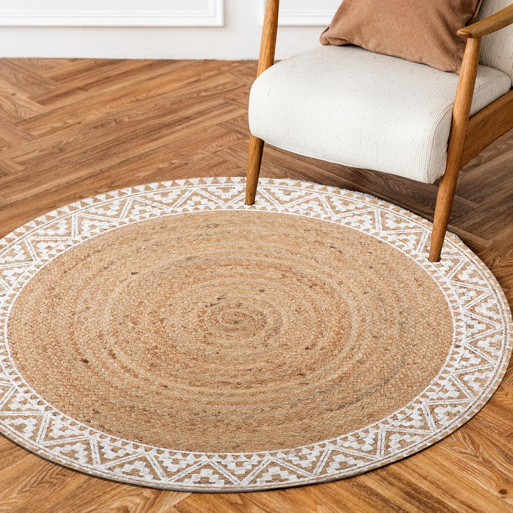 Premium Natural Jute Braided Area Rug, 6-feet Round, White Printed Border, Stain Resistance, Natural Handmade Rug s