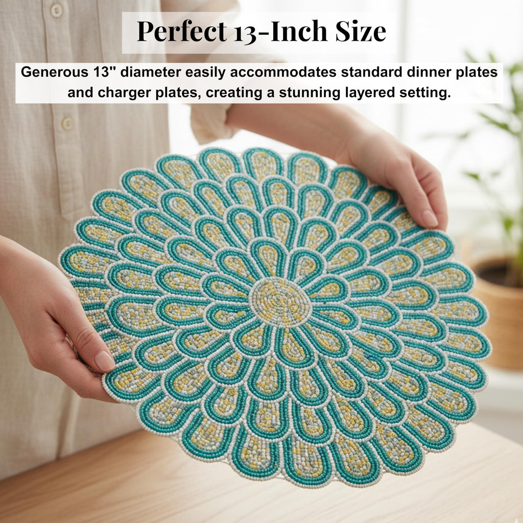Beaded Placemats 13 Inch Green White Round Table Mats