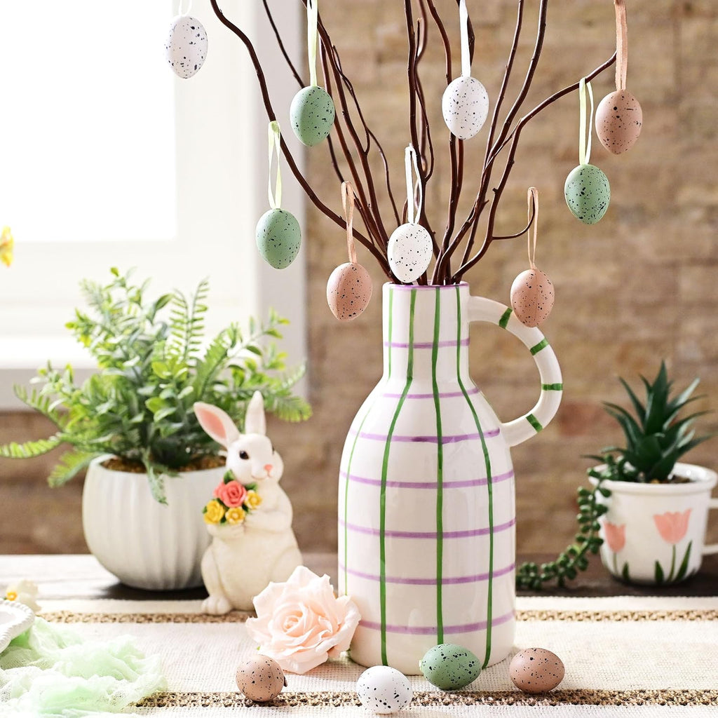 Easter Eggs Ornaments for Small Tree Decorations, 1.57" Neutral Beige Green Plastic Easter Eggs Bulk - Set of 18