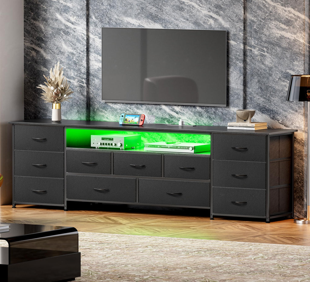 78.7 Inch TV Stand for 75, 80 Inch TV, 11 Drawer Long Dresser with Power Outlets and LED Lights, Entertainment Center
