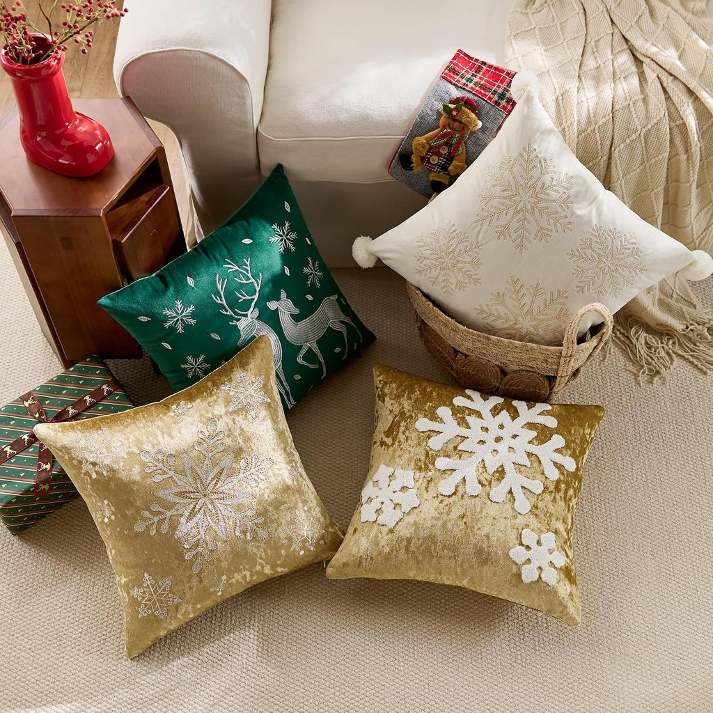 Christmas Snowflake Throw Pillow Covers 18x18 Winter Holiday Decorative Gold Embroidered Luxurious Velvet - Set of 2