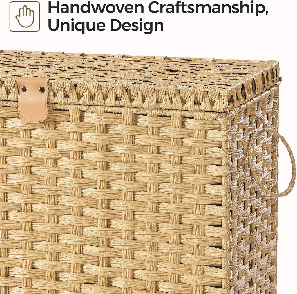 130L Wicker Laundry Hamper with Lid, 3-Section Laundry Basket | 3 Removable Liner Bags; 4 Included Mesh Laundry Bags;