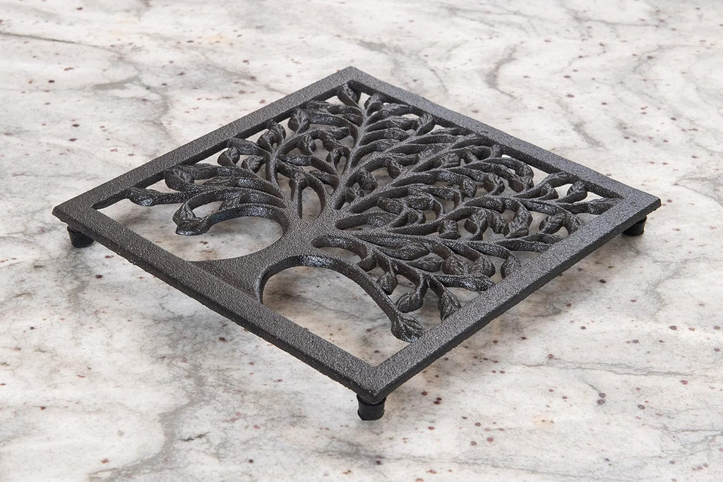 Cast Iron Trivet for Hot Dishes, Pots, and Pans, Metal Trivet, Family Tree Design, Rubber Feet Caps, Ring Hanger, 8