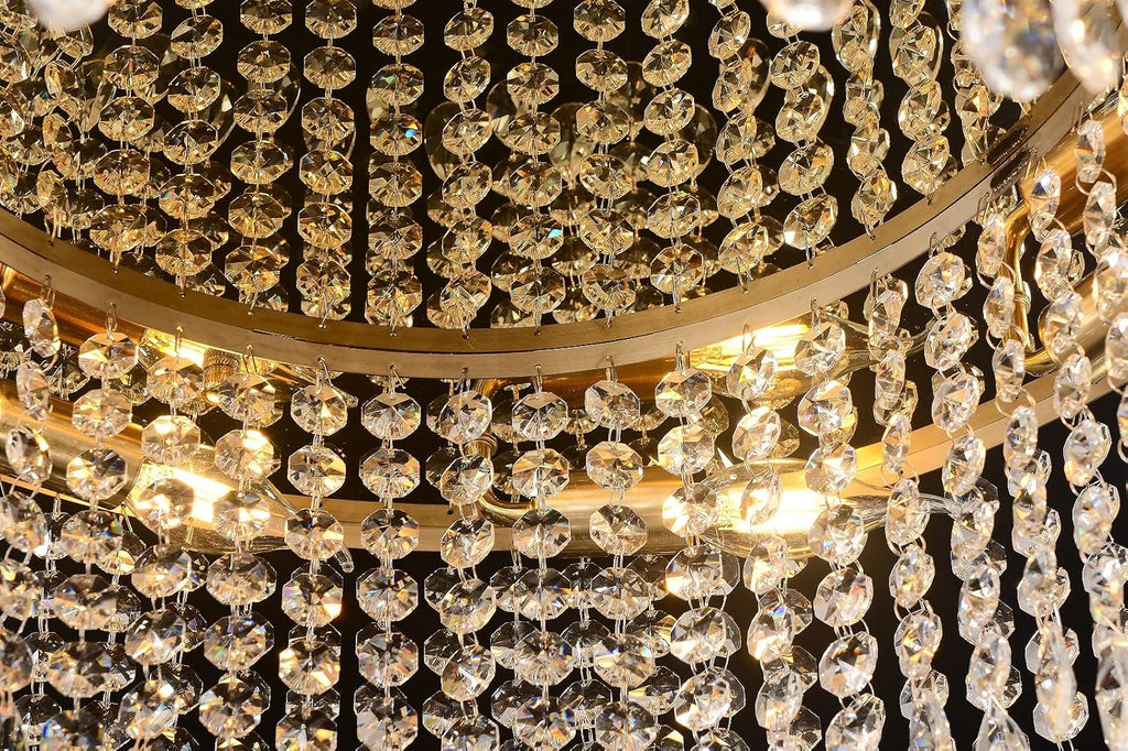Modern Crystal Chandelier 24 inch Large Gold Chandeliers Ceiling Light Round Raindrop Chandeliers Flush Mount